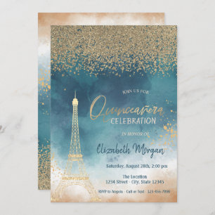 Gold Diamonds,Eiffel Tower Paint SplashQuinceanera Invitation