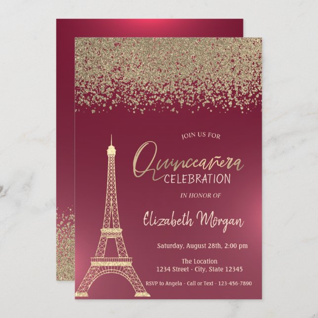 Gold Diamonds,Eiffel Tower Red Quinceanera Invitation (Front/Back)