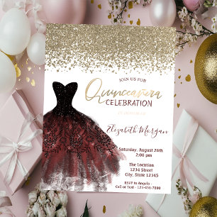Gold Diamonds,Elegant Burgundy Dress Quinceañera Invitation