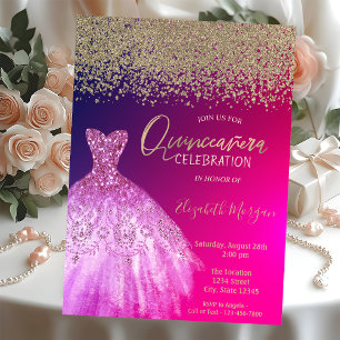 Gold Diamonds,Elegant Chic Dress Quinceañera Invitation