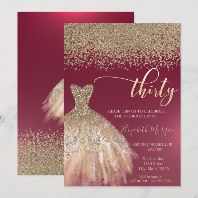 Gold Diamonds,Elegant Dress Burgundy 30th Birthday Invitation (Front/Back)