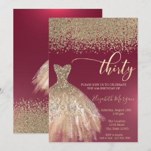 Gold Diamonds,Elegant Dress Burgundy 30th Birthday Invitation