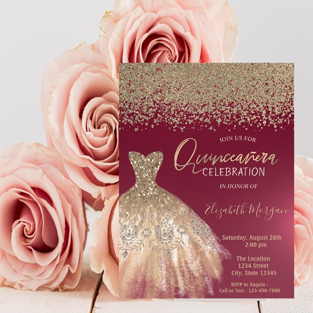 Gold Diamonds,Elegant Dress Burgundy Quinceanera Invitation (Creator Uploaded)
