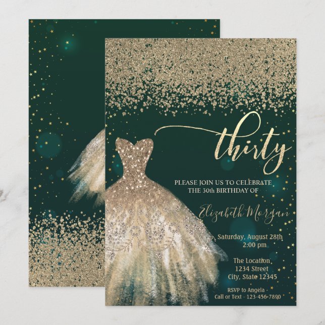 Gold Diamonds,Elegant Dress Green 30th Birthday Invitation (Front/Back)