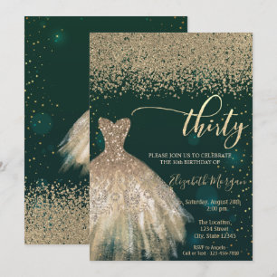 Gold Diamonds,Elegant Dress Green 30th Birthday Invitation