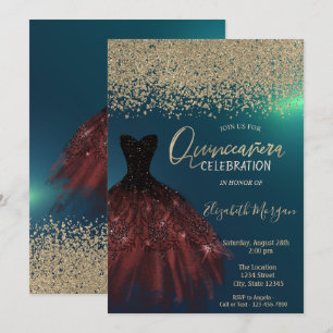 Gold Diamonds,Elegant Dress Green Quinceanera Invitation