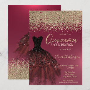Gold Diamonds,Elegant Dress Red Quinceanera Invitation