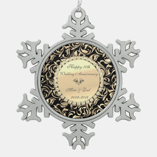 Gold Diamonds Floral  10th Wedding Anniversary Snowflake Pewter Christmas Ornament (Front)