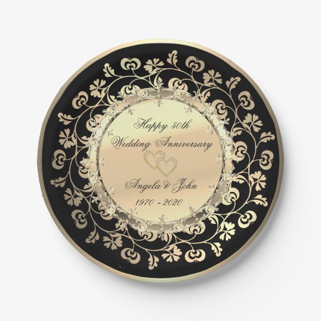 Gold Diamonds Floral 50th Wedding Anniversar Paper Plate (Front)