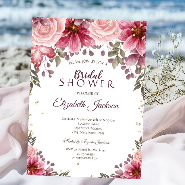 Gold Diamonds Floral Burgundy Bridal Shower Invitation (Creator Uploaded)