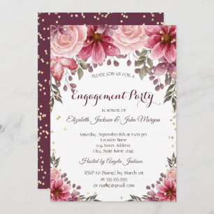 Gold Diamonds Floral Burgundy Engagement Invitation