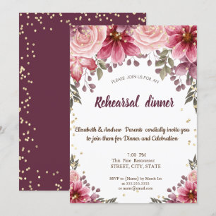 Gold Diamonds Floral Burgundy Rehearsal Dinner Invitation