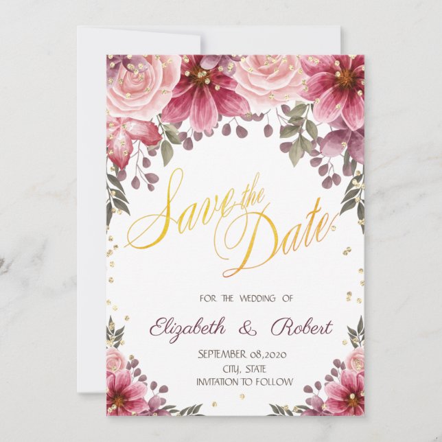 Gold Diamonds Floral Burgundy Save The Date (Front)