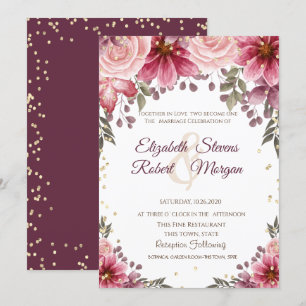 Gold Diamonds Floral Burgundy Wedding Invitation