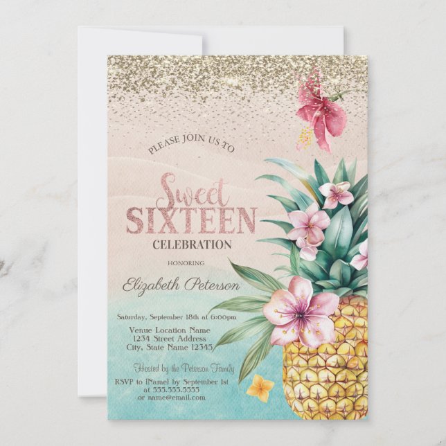 Gold Diamonds,Floral Pineapple Beach Sweet 16 Invitation (Front)