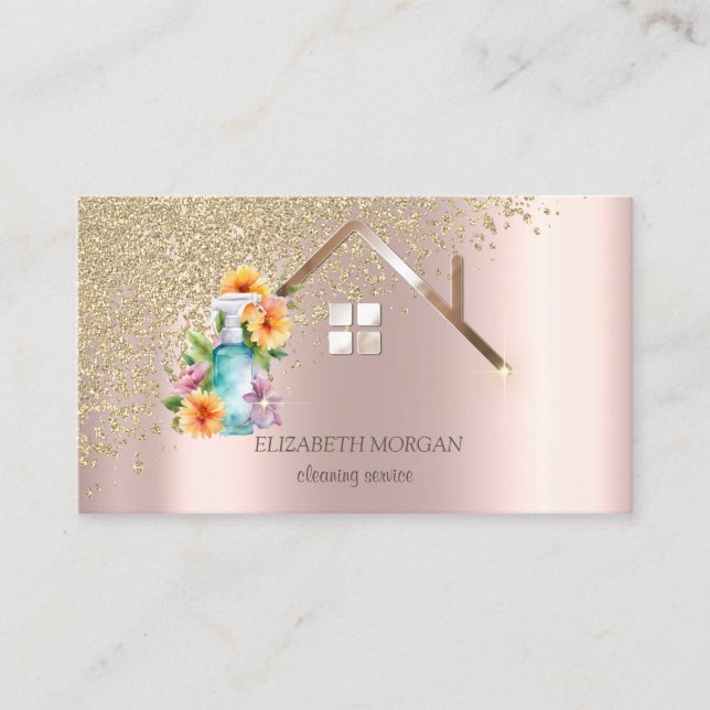 Gold Diamonds Floral Spray Bottle Cleaning House   Business Card (Front)