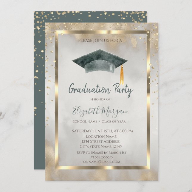 Gold Diamonds,Frame,Graduation Cap Gold Graduation Invitation (Front/Back)