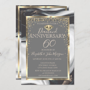 Gold Diamonds Frame Marble Wedding Anniversary Invitation