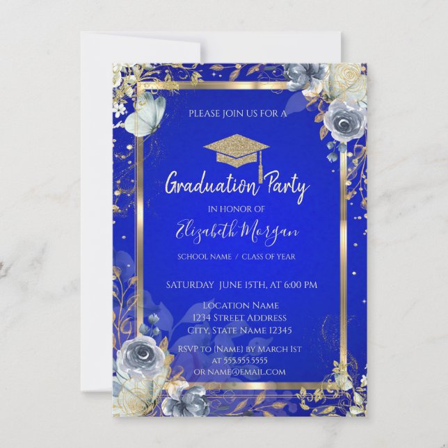 Gold Diamonds Frame Roses Butterflies Royal Blue  Invitation (Front)