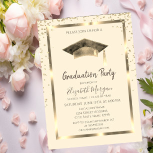 Gold Diamonds,Frame,Watercolor Grad Cap Cream Invitation