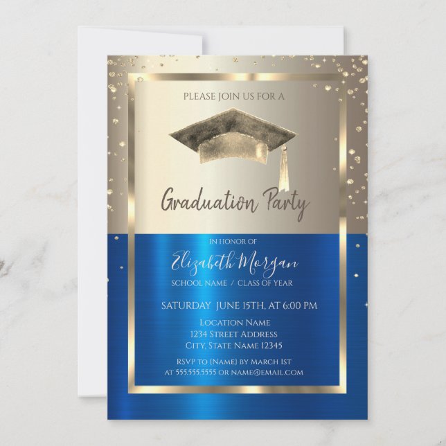 Gold Diamonds Frame,Watercolor Grad Cap Gold Blue Invitation (Front)