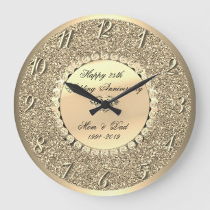 Gold Diamonds,Glitter  25th Wedding Anniversary Large Clock