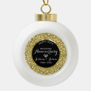 Gold Diamonds Glitter 50th Anniversary Ceramic Ball Christmas Ornament