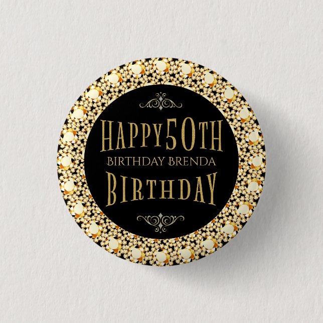 Gold Diamonds Glitter Happy 50th Birthday Template 3 Cm Round Badge (Front)
