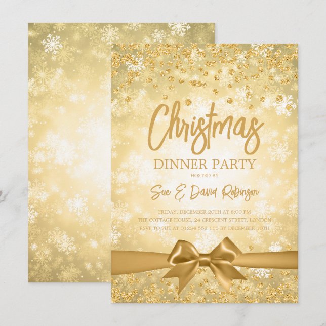 Gold Diamonds Glitter Ribbon Christmas Holiday Invitation (Front/Back)