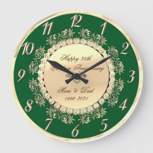 Gold Diamonds Green 25th Wedding Anniversary Large Clock