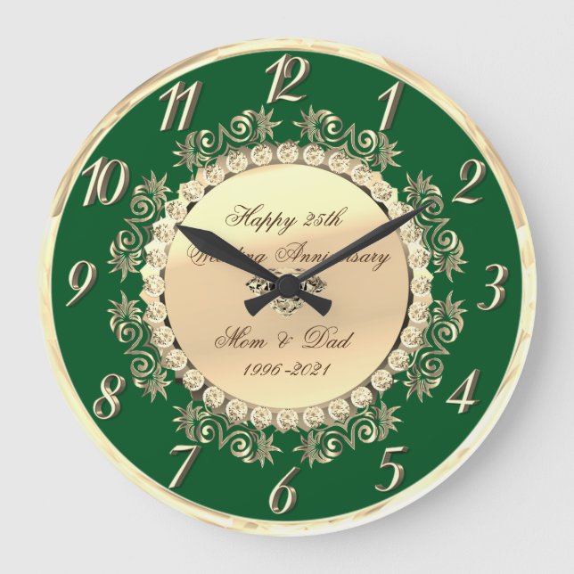 Gold Diamonds Green 25th Wedding Anniversary Large Clock (Front)