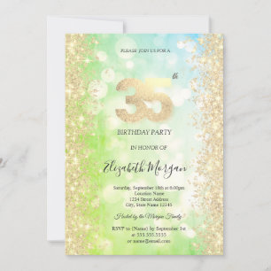 Gold Diamonds Green Blue Bokeh 35th Birthday Invitation