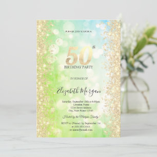 Gold Diamonds Green Blue Bokeh 50th Birthday Invitation