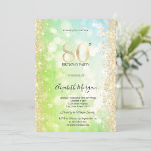 Gold Diamonds Green Blue Bokeh 80th Birthday Invitation