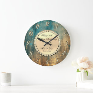 Gold Diamonds Grunge 25th Wedding Anniversary Large Clock