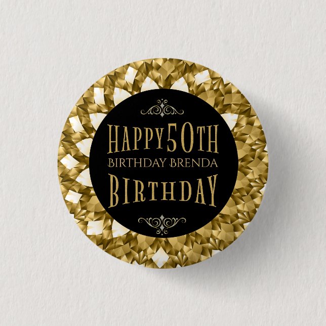 Gold Diamonds Happy 50th Birthday Text 3 Cm Round Badge (Front)
