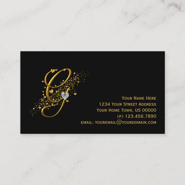 Gold & Diamonds Initial G Stardust Business Card (Front)