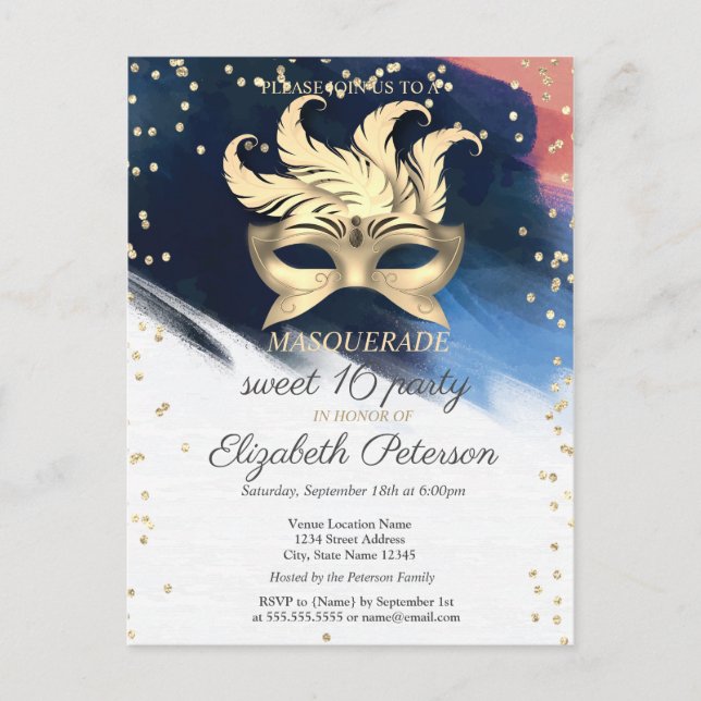 Gold Diamonds,Masque,Brush Stroke Sweet 16 Invitation Postcard (Front)