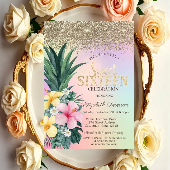 Gold Diamonds, Pineapple Holographic Sweet 16 Invitation (Creator Uploaded)