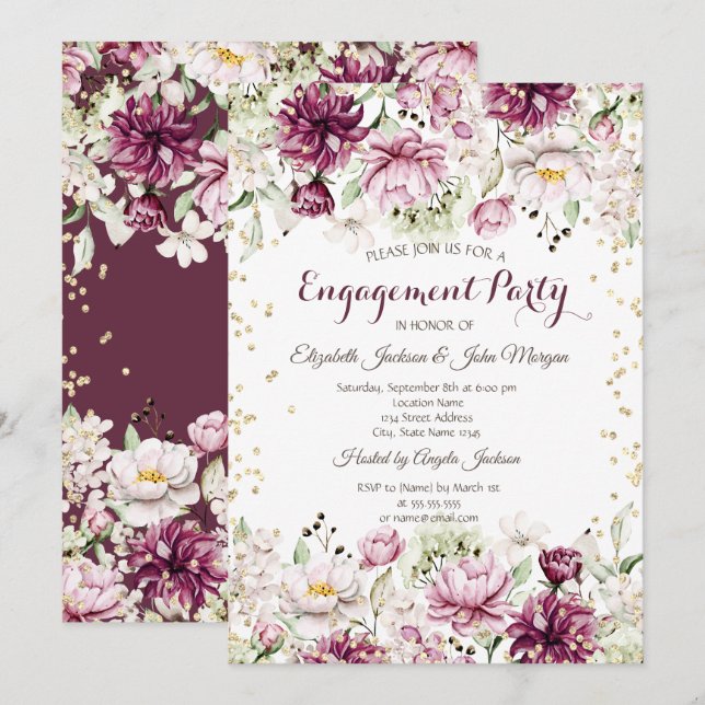 Gold Diamonds Pink Flowers Engagement  Invitation (Front/Back)