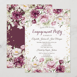 Gold Diamonds Pink Flowers Engagement Invitation