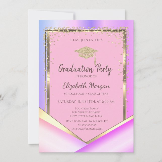 Gold Diamonds Pink Violet Graduation  Invitation (Front)