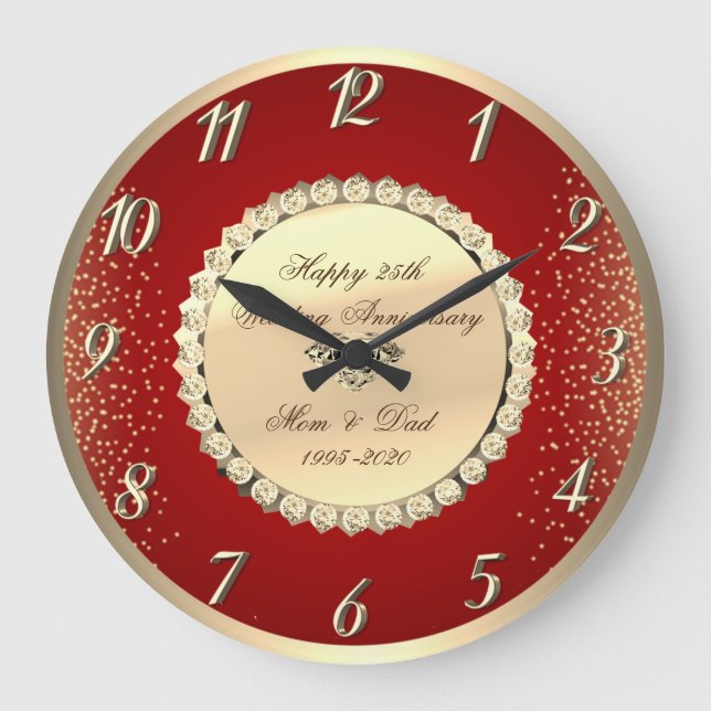 Gold Diamonds Red 25th Wedding Anniversary Large Clock (Front)
