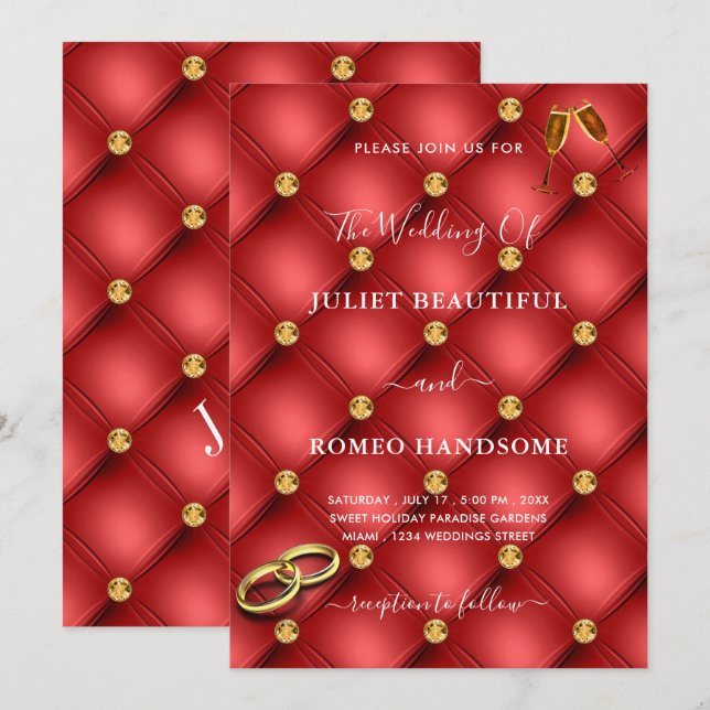 Gold Diamonds Red Tifted Luxury Wedding Invitation (Front/Back)