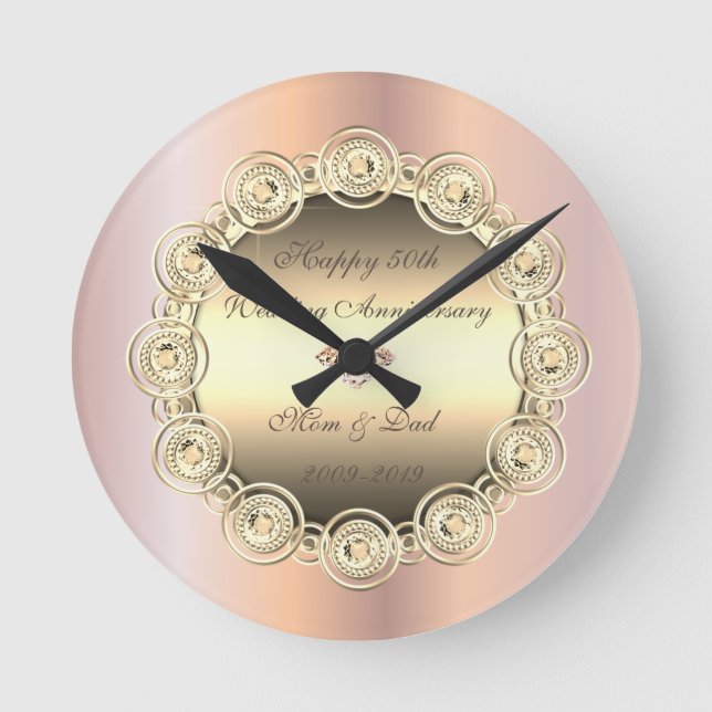 Gold Diamonds Rose Gold  50th Wedding Anniversary Round Clock (Front)