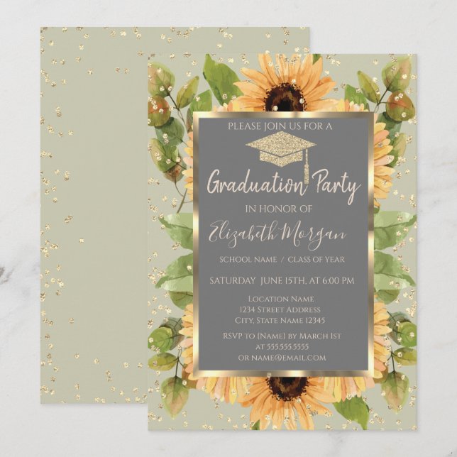  Gold Diamonds Sunflowers Graduation Invitation (Front/Back)