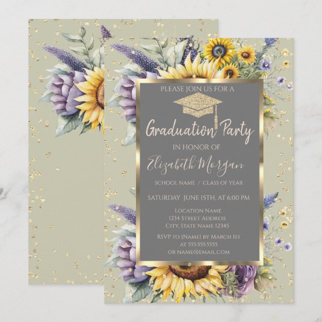 Gold Diamonds Sunflowers Violet Flowers Graduation Invitation (Front/Back)