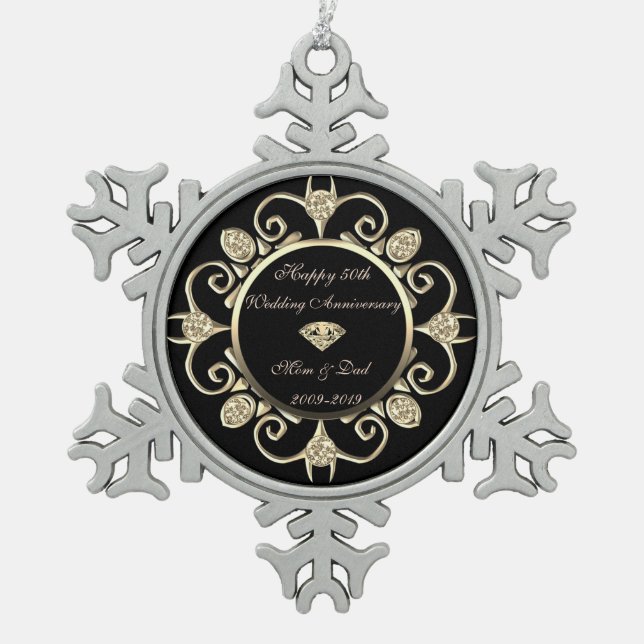 Gold Diamonds Swirl 50th Wedding Anniversary Snowflake Pewter Christmas Ornament (Front)