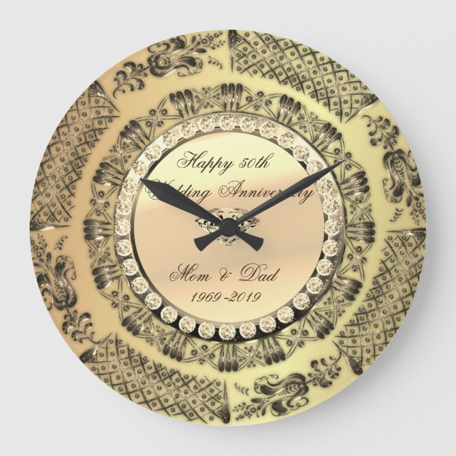 Gold Diamonds,Swirls  25th Wedding Anniversary Large Clock (Front)