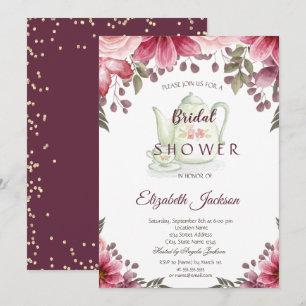 Gold Diamonds Teapot Floral Burgundy Bridal Shower Invitation